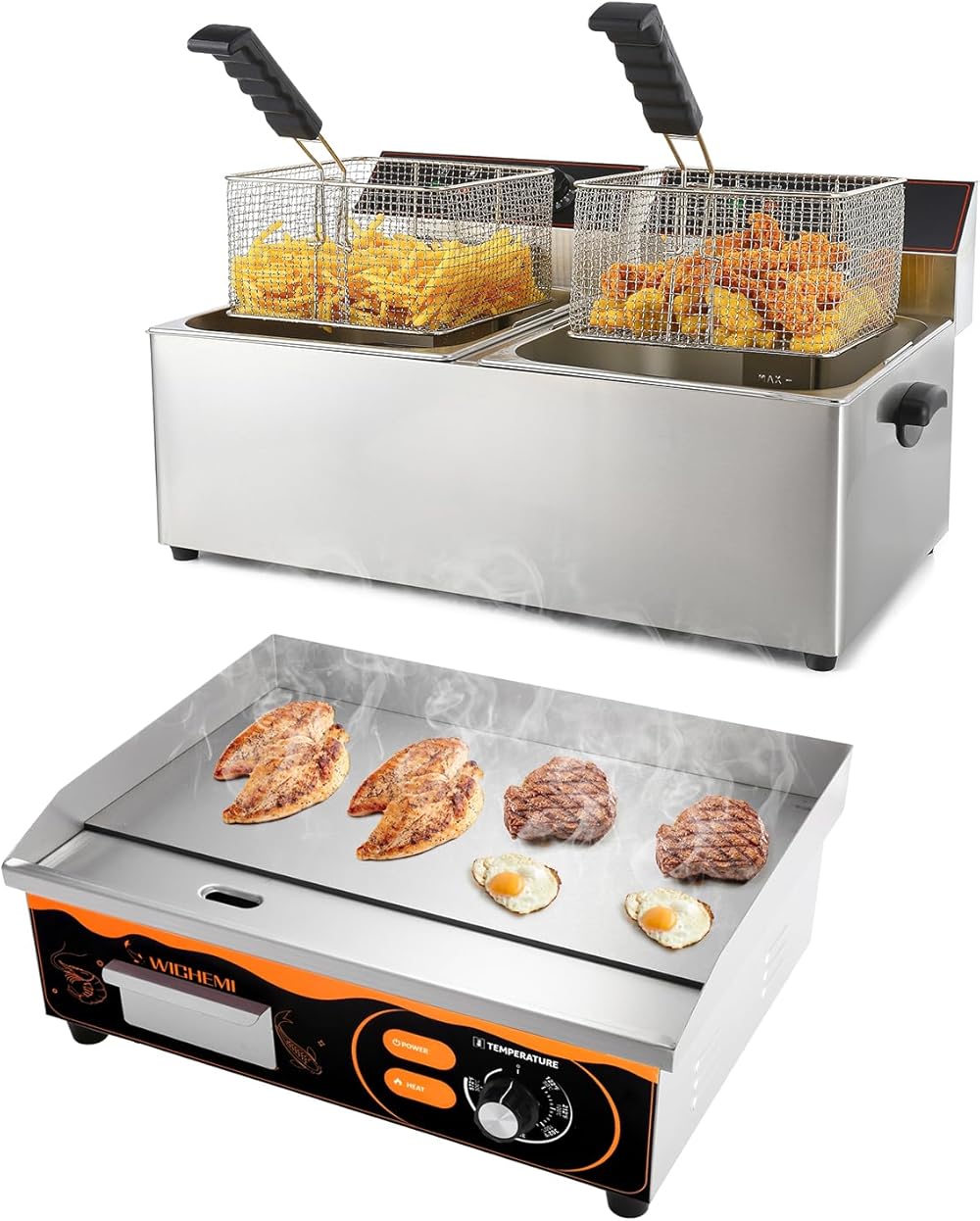 WICHEMI 4000W 11.6QT/11L x 2 Commercial Deep Fryer with Baskets and Lids. 3000W Electric Griddle 22