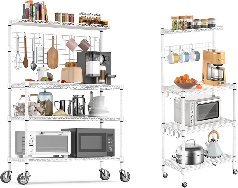 Bakers Rack for Kitchen with Storage, NSF Certified 4-Tier Adjustable Coffee Bar with Wheels Microwave Stand Kitchen Storage Shelf Metal Storage Rack, White