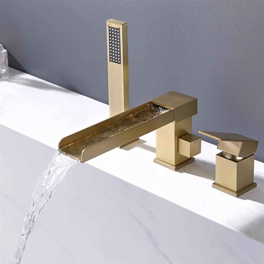 Bathtub Faucet, Tub Side Cold And Hot Water Mixer Tap, Three-Piece Split Basin Faucet, All Copper Waterfall Outlet Faucet Bathroom Shower Set,Brushed gold