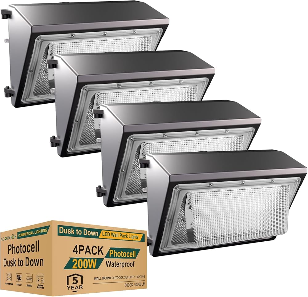 200W LED Wall Pack Lights with Photocell, 100-277v Dusk to Dawn 28000Lm[Eqv.1500W HPS] 5000K IP65, Outdoor Wall Pack LED Exterior Light, Energy Saving, 4Pack