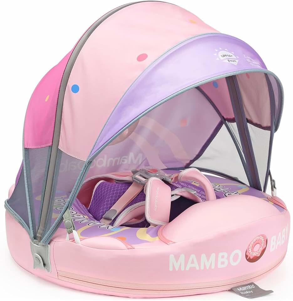 Baby Swimming Float,Add Tail Pool Float with Canopy, Non-Inflatable Soft Waterproof Skin-Friendly Leather Material Toddler Swim Ring Age of 3-24 Months