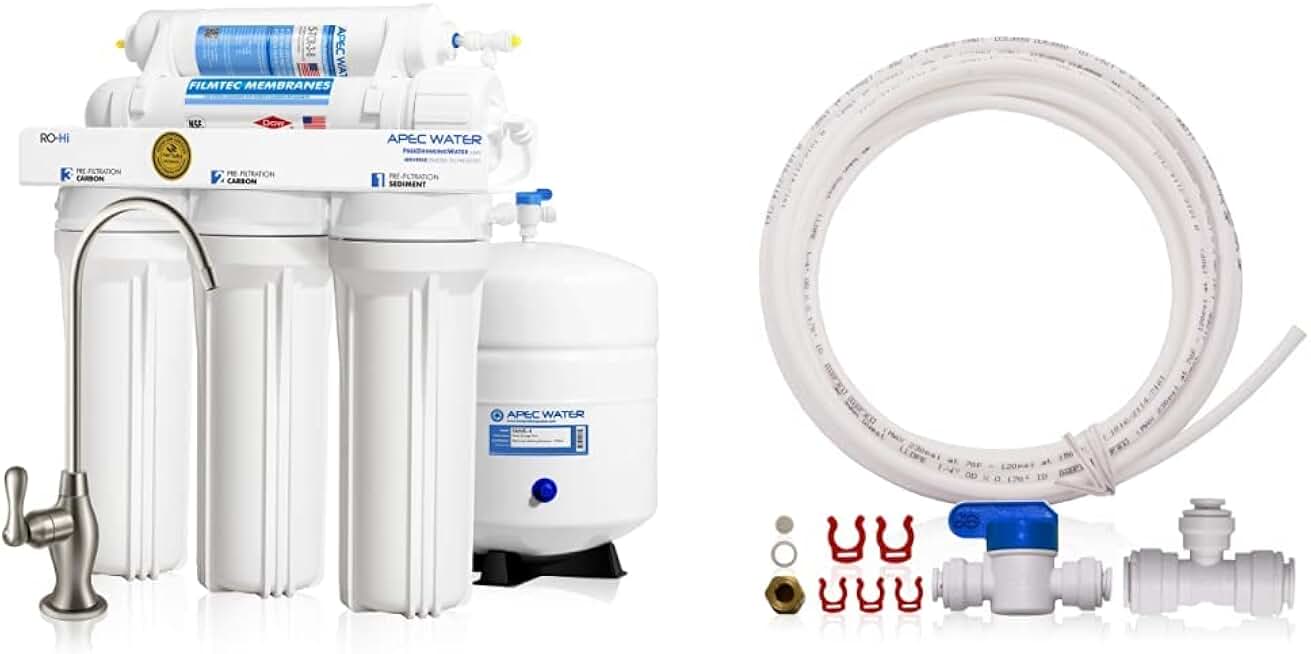APEC Water Systems Ultimate RO-Hi Top Tier Supreme Reverse Osmosis Drinking Water Filter System, 90 GPD & ICEMAKER-KIT-38-14-RO-A Ice Maker Installation Kit, 3 Piece Set, White