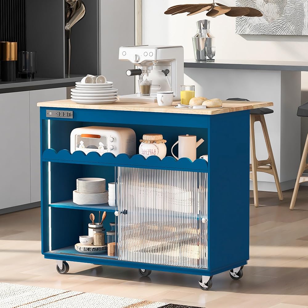Tzou Rolling Kitchen Island, Kitchen Cart with Drop-Leaf and 2 Sliding Glass Doors Kitchen Island with 1 Open Shelf, LED Light and Power Outlets for Dining Room Navy Blue One Size