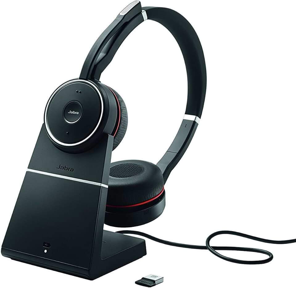 Jabra Evolve 75 UC Wireless Headset, Stereo – Includes Link 370 USB Adapter and Charging Stand – Bluetooth Headset with World-Class Speakers, Active Noise-Cancelling Microphone, All Day Battery