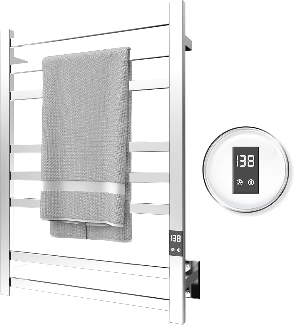 Premium 8-Bar Towel Warmer - Fast Heating, Auto Shut-Off Timer, LED Display Panel - Hardwired or Plug-in Options - Polished 304 Stainless Steel - Ideal for Bathroom - Hot Towel Warmer Rack