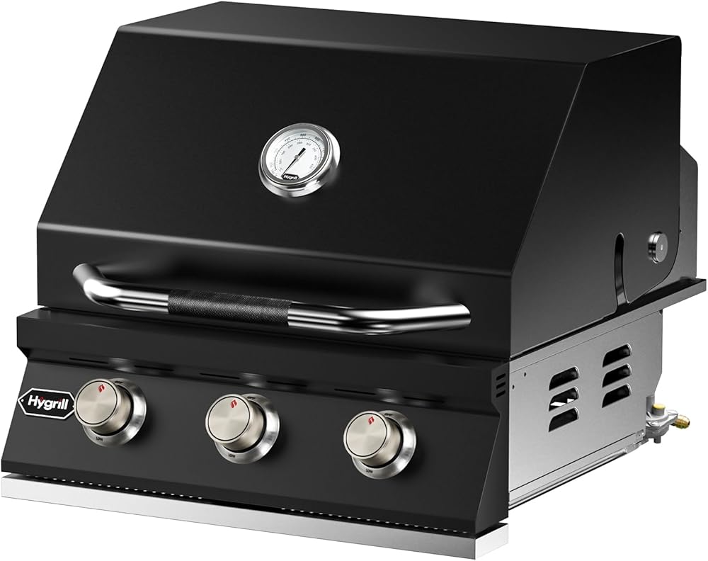 Hygrill Heavy Duty 3-Burner Built In Grill for Natural Gas, Stainless Steel Outdoor Kitchen Grill Head, Black