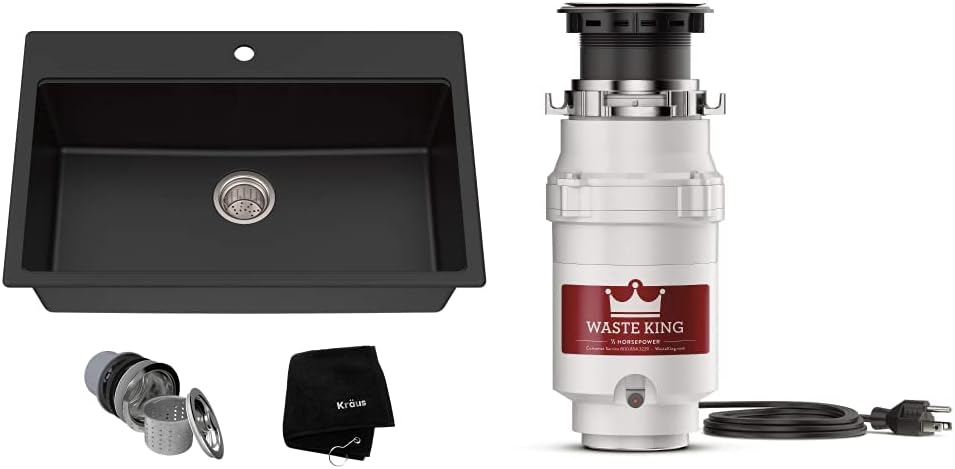 Kraus KGD-412B Quarza Granite Kitchen Sink, 31.5 Inch, Black & Waste King L-1001 Garbage Disposal with Power Cord, 1/2 HP