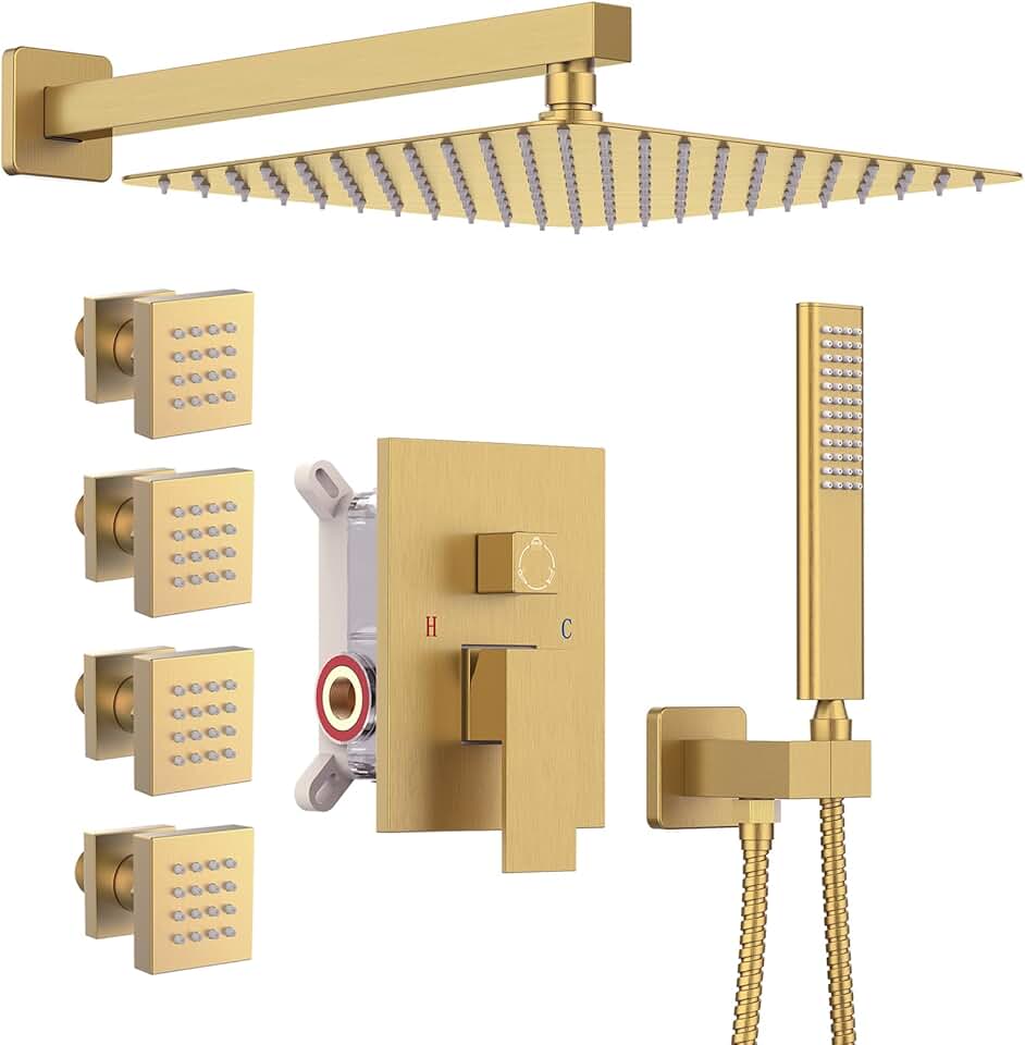 Iriber Brushed Gold Rain Shower System with 4 PCS Body Jets 3 Function Shower Faucet Set Contain 12 Inch Shower Head and Handheld Wall Mounted Champagne Bronze Shower Trim Kit (Valve Included)