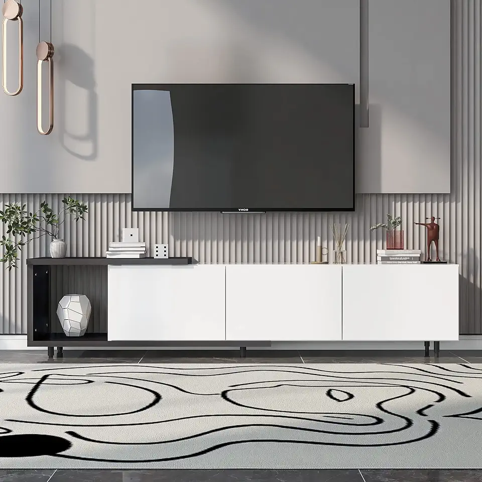 Minimalist TV Stand with Storage Cabinet and Open Shelf, Entertainment Center for 80+Inch Televisions, Media Console Table for Living Room Furniture, White