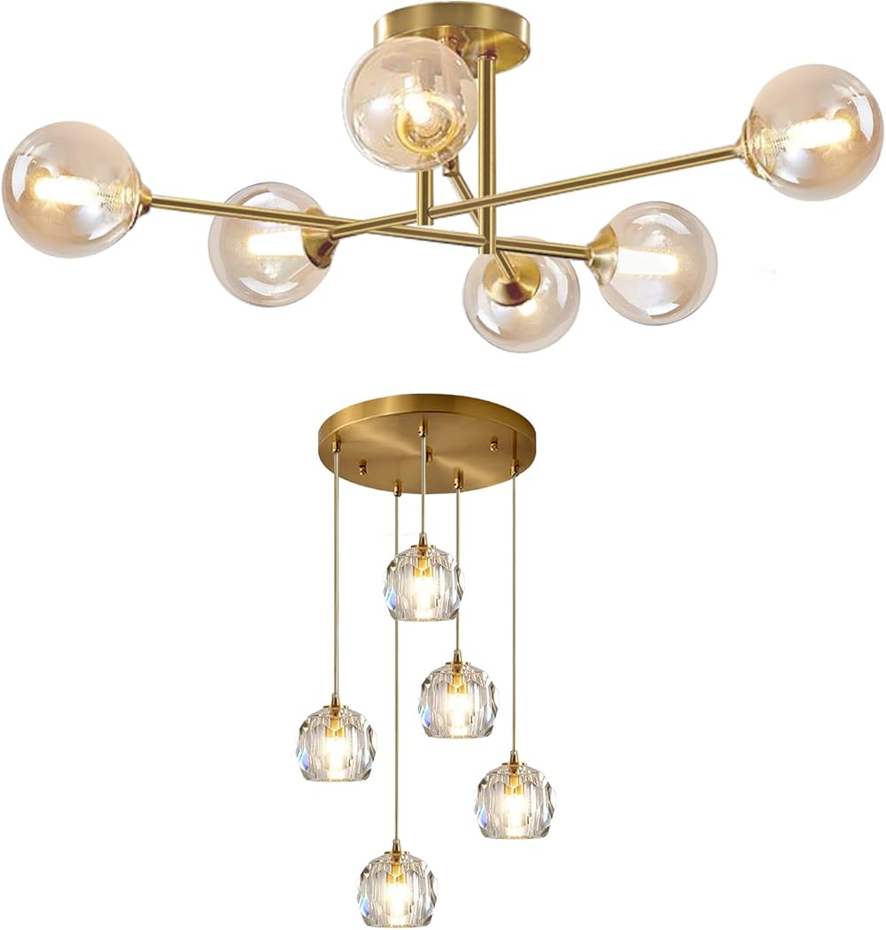 6 Lights Antique Brass Ceiling Light Mid Century Sputnik Flush Mount Ceiling Light Mid Century 5-Lights Cluster Pendant Lighting Modern Gold Crystal Kitchen Island Pendant Light