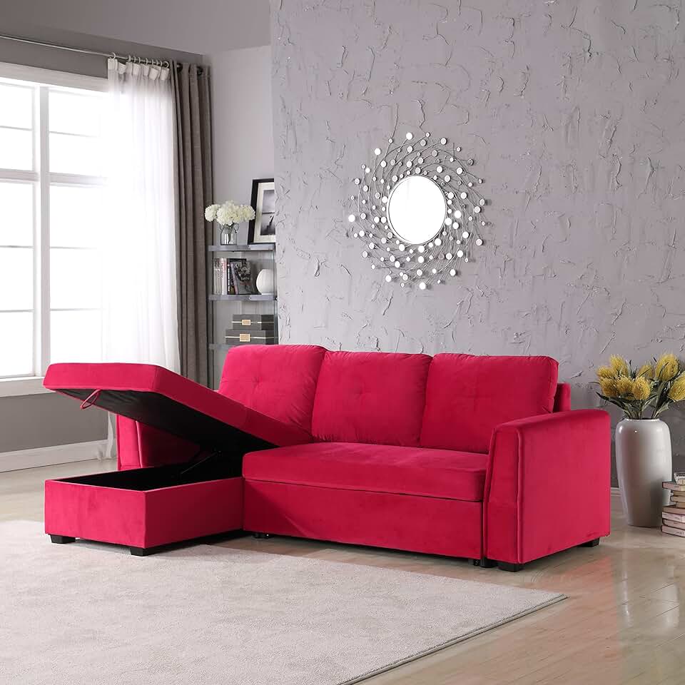 Bed Velvet Storage Reversible Convertible Sectional Sleeper Sofa, Red