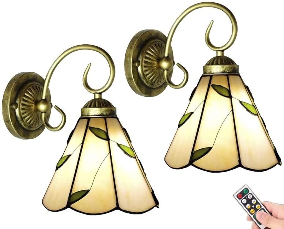 Tiffany Rechargeable Wall Sconces Set of Two,Battery Operated Remote Wall Lighting Indoor Dimmable Yellow Leaves Shade Retro Colorful Wall Lamp Fixture Wall Decor for Bederoom Living Room Hallway