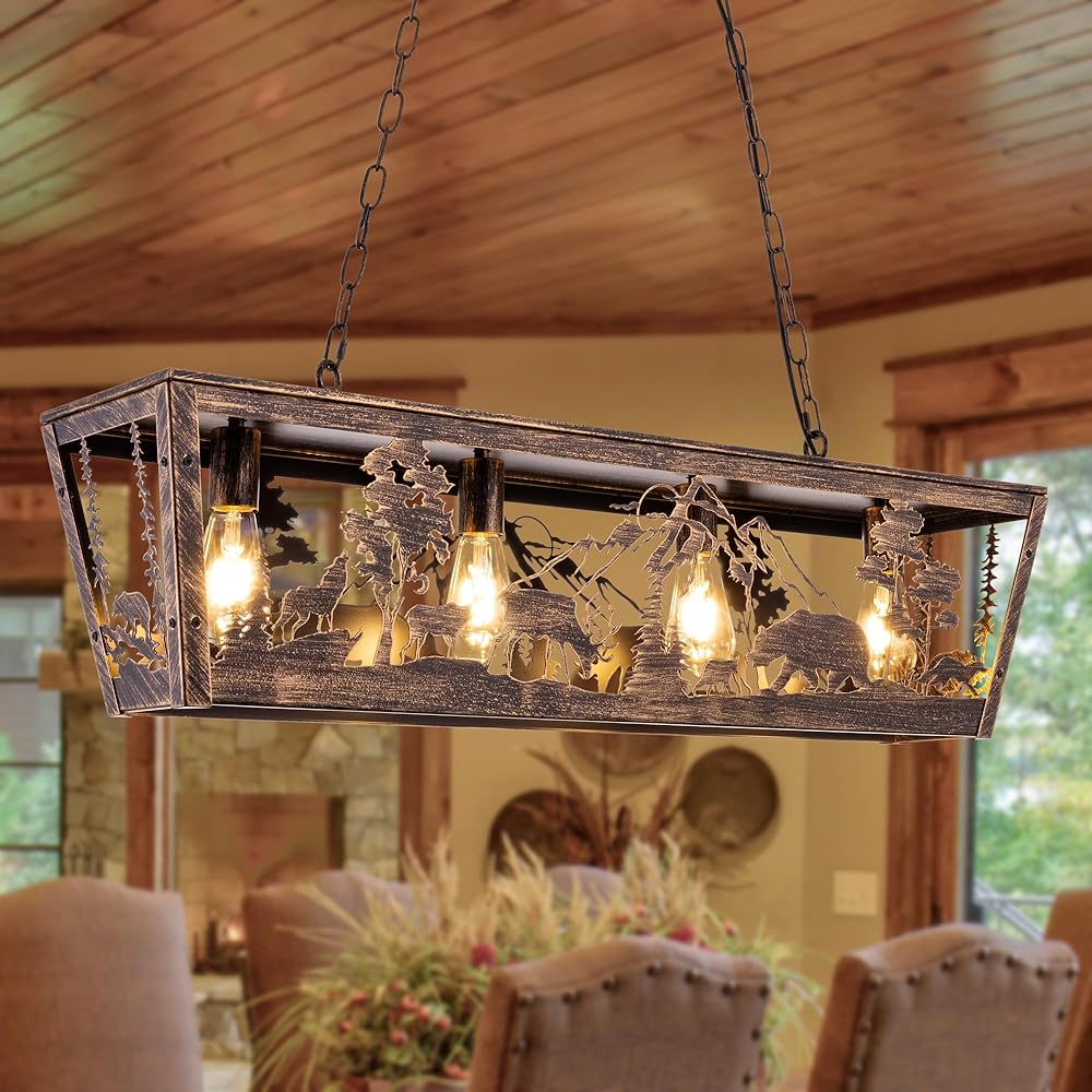 Farmhouse Chandelier for Dining Room, Vintage Western Kitchen Island Lighting Fixture with Bronze Bear Elk Wolf, Rectangle Linear Light Fixture for Living Room, Bedroom, Cabin, Foyer, 38