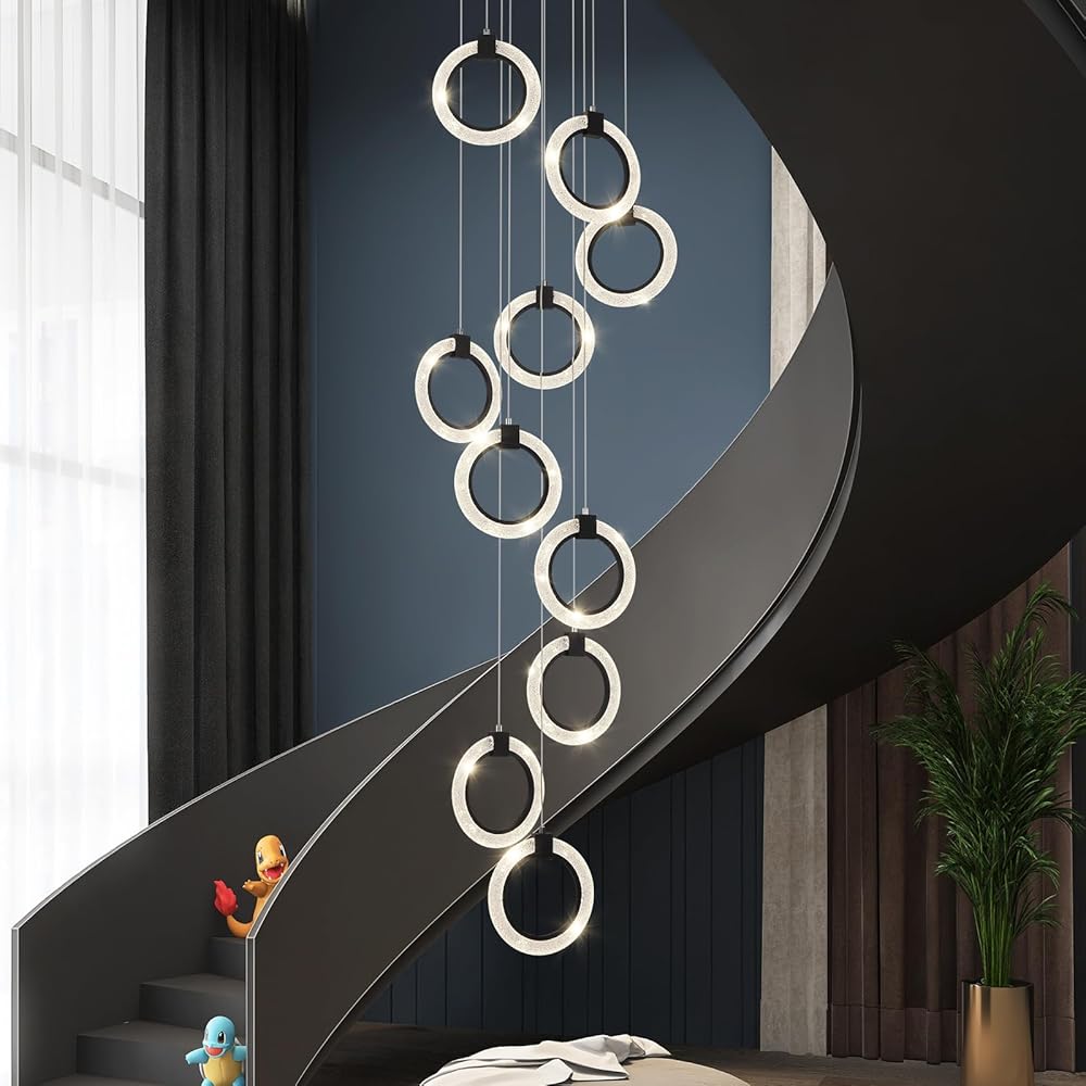 Modern Chandelier Modern LED Chandelier with Remote 10 Rings Crystal Chandelier Adjustable Height Hanging Chandelier Staircase Chandelier Foyer Lighting Fixture