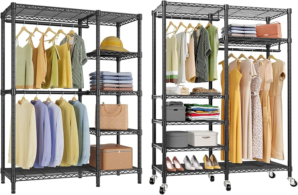 VIPEK V7 Basic & R4 Bundle, Portable Closet for Hanging Clothes, Rolling Clothes Rack with Wheels (R4), Metal Clothing Rack with Adjustable Shelves, Black