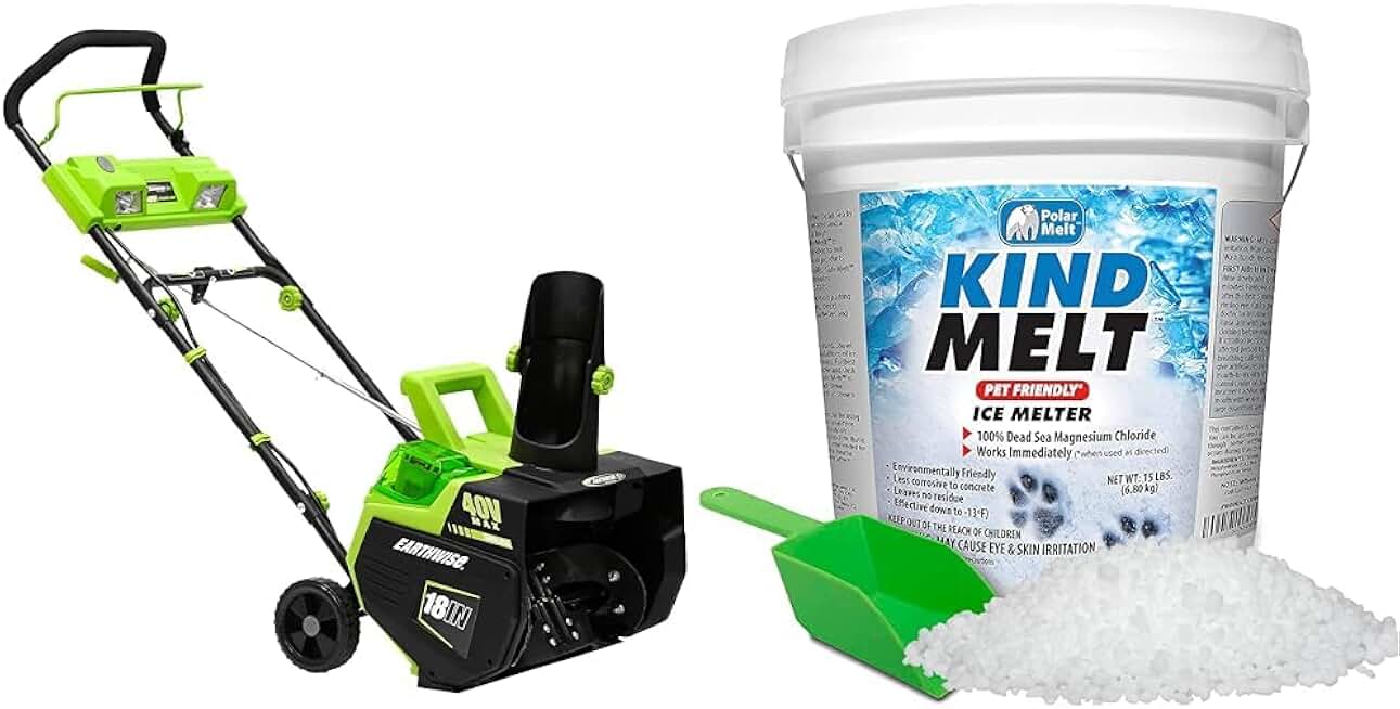 Earthwise SN74018 Cordless Electric 40-Volt 4Ah Brushless Motor, 18-Inch Snow Thrower, 500lbs/Minute & Harris Kind Melt Pet Friendly Ice and Snow Melter