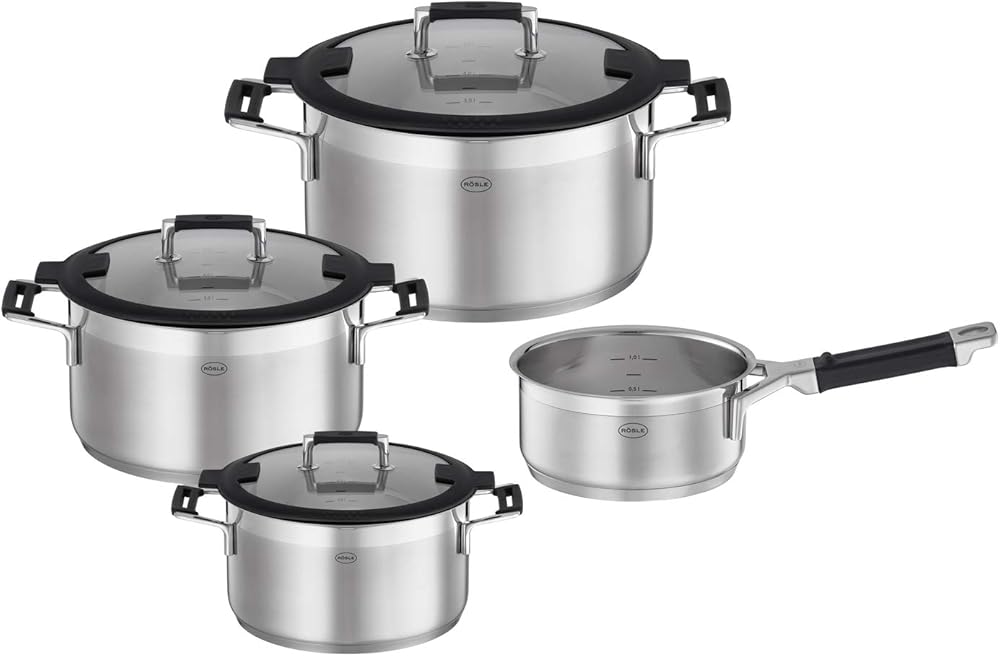 RÖSLE Silence Pro 4-Piece Cookware Set – Set of 3 Pots and 1 Saucepan 18/10 Stainless Steel – Internal Graduation, Suitable for Induction, Dishwasher Safe