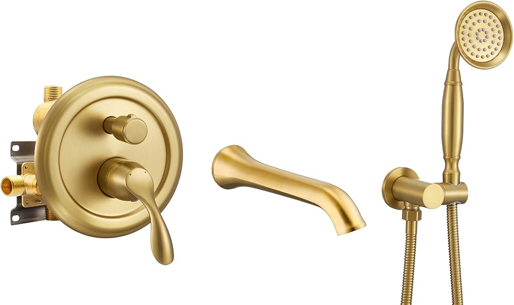 DASAN Antique Wall Mount Tub Filler Faucet with Hand Held Shower, Brushed Gold Brass Bathtub Faucet with Sprayer Wall Mounted Roman Bath Tub Faucet Set with High Flow Rough in Valve, AT201TF-BTG