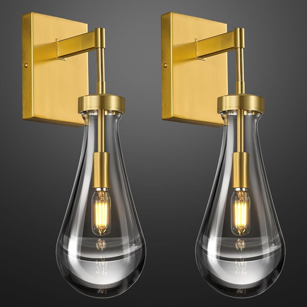 Raindrop Wall Sconces Set of Two Gold Sconces Wall Decor Modern Brass Wall Lighting Glass Bathroom Sconces Indoor Vanity Light Wall Lamp for Bedroom Living Room Stair