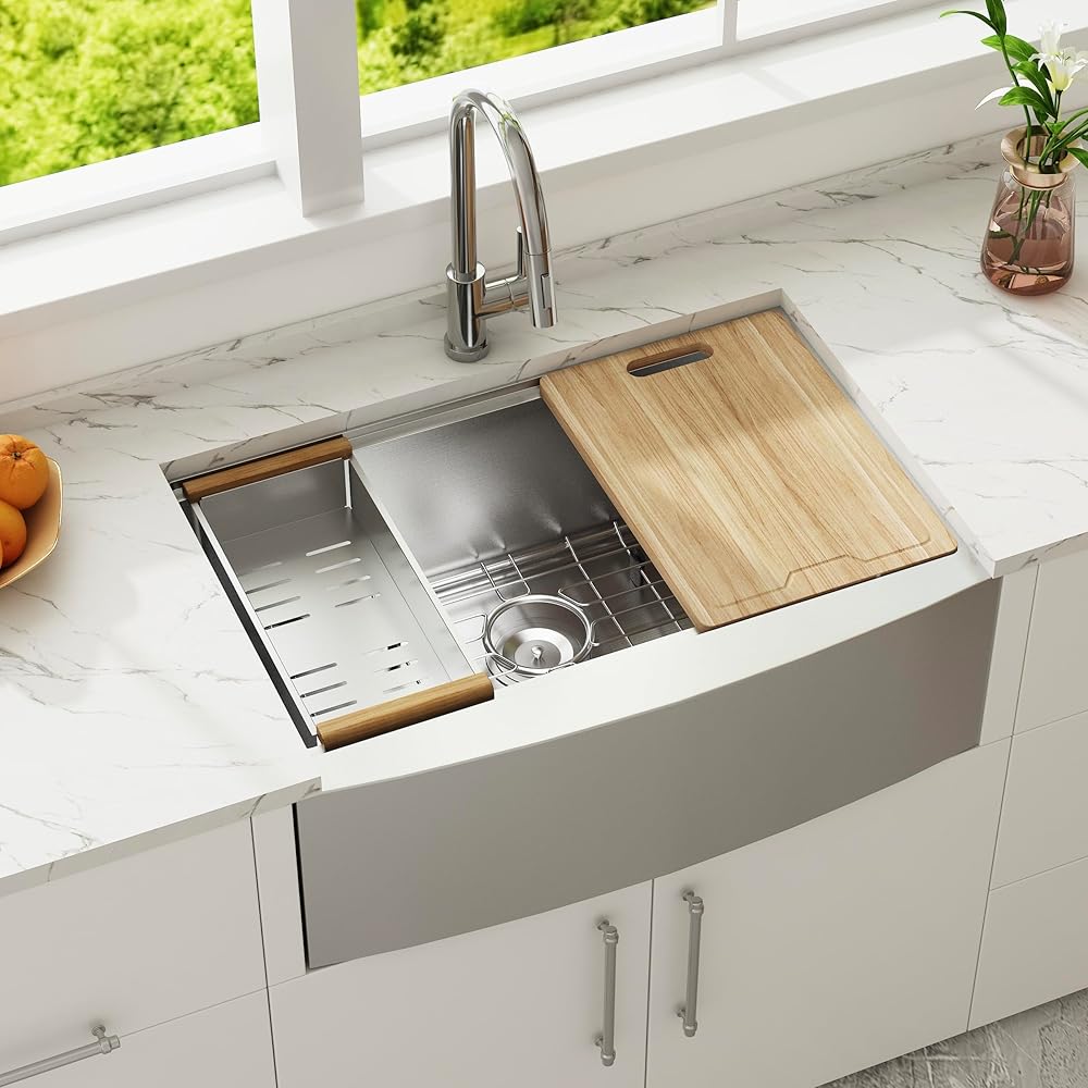 30 Inch Farmhouse Kitchen Sink, 30x21 Undermount Workstation Apron Front 304 Stainless Steel 16 Gauge Deep Farmhouse Sinks with Ledge & Accessories