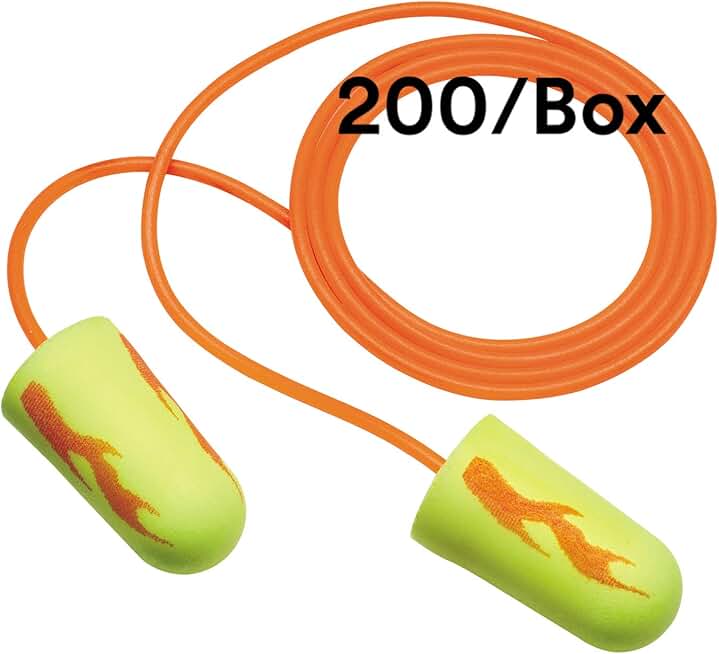 3M Ear Plugs, 200/Box, E-A-Rsoft Yellow Neon Blasts 311-1252, Corded, Disposable, Foam, NRR 33, Drilling, Grinding, Machining, Sawing, Sanding, Welding, 1/Poly Bag (Pack of 6)
