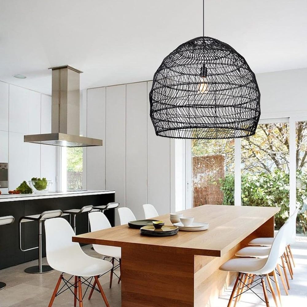 1 Light Rattan Chandelier Wicker Black Pendant Lights, Coastal Bobo Hand-woven Hanging Ceiling Lamp for Kitchen Restaurant Bedroom, 19.68''x19.68''