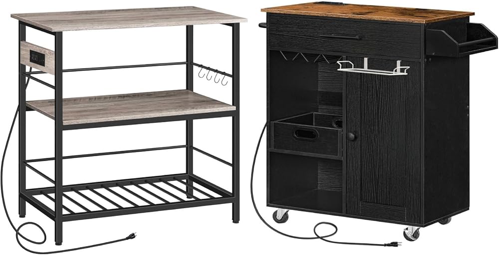 HOOBRO Kitchen Island with Storage and Kitchen Island with Power Outlet Bundle, Kitchen Island Table with Power Outlet, 3 Tier Coffee Station and Microwave Stand, BG021ZD01-BF90UZD01