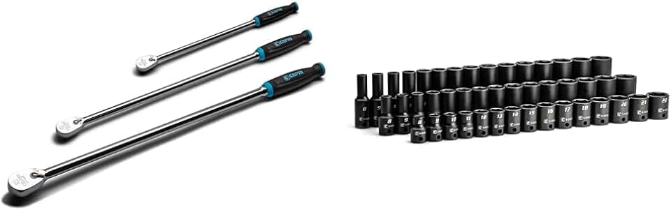 Capri Tools Fine 90-Tooth Extra Long Ratchet Set, 3-Piece and 45-Piece 3/8 in. Drive Shallow, Semi-Deep and Deep Impact Socket Set, Metric, 8 to 22 mm
