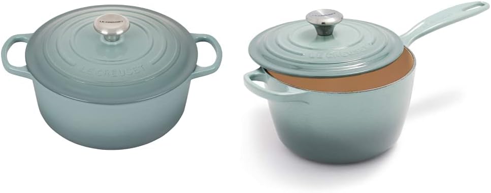 Le Creuset Enameled Cast Iron Signature Round Dutch Oven with Lid, 5.5 Quart, Sea Salt & Signature Saucepan - Sea Salt