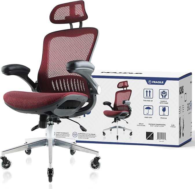 Nouhaus Ergonomic Mesh Office Chair Comfy Gaming Chairs with Adjustable Headrest & Armrest, Big and Tall Swivel Desk Computer Chair Tilt Function(ErgoFlip, Burgundy)