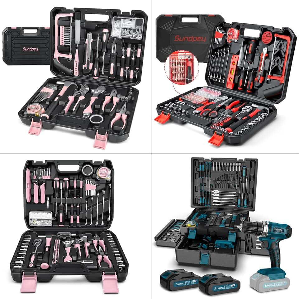 Sundpey 148 & 257 & 281 & 255 Pcs Tool Kit - Portable Complete Home and Auto Repair Tool Set Pink & Red & Blue