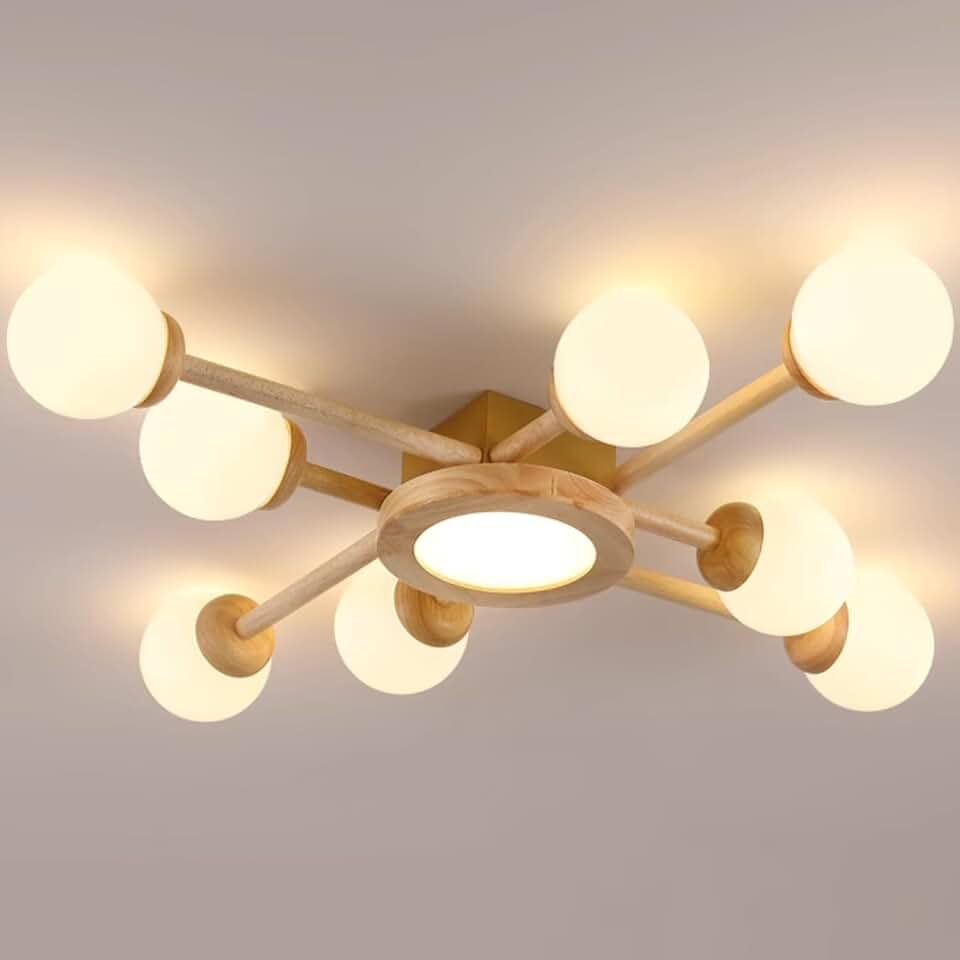Mid Century Decoration Ceiling Light White Milk Glass Farmhouse Wood Flush Mount Ceiling Light Frosted Glass Vintage Led Close to Ceiling Lamp for Bedroom Living Room Foyer Kitchen/8-Lights
