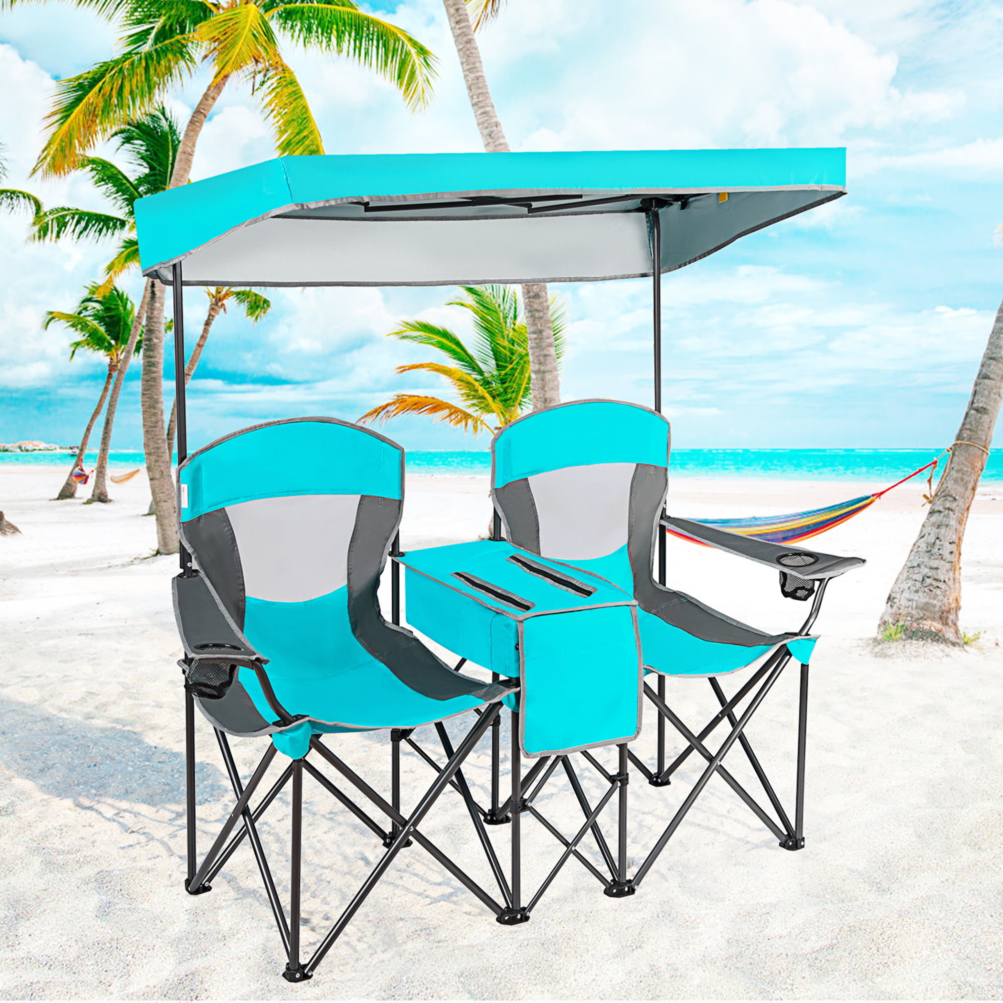 Gymax Folding 2-person Camping Chairs Double Sunshade Chairs w/ Canopy Turquoise, Adult