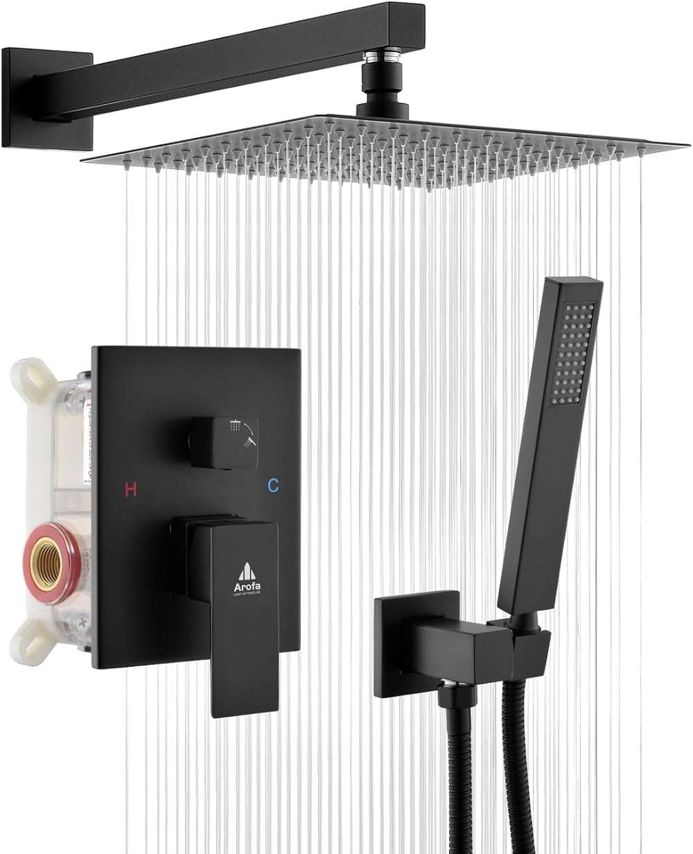 Arofa 10 Inch Shower System Matte Black Shower Faucet Set Complete with Valve, Multi Function Rain Shower Fixtures Rainfall Shower Head and Handheld Combo Kit for Bathroom Wall Mounted