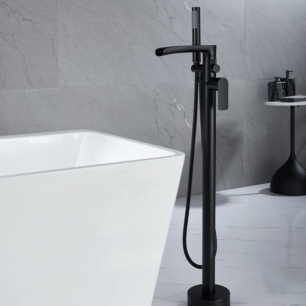 TapLong Waterfall Freestanding Bathtub Faucet Set Single Handle Floor Mount Tub Filler with Hand Shower High Flow Rate Max 6 GPM, Matte Black, 51019B