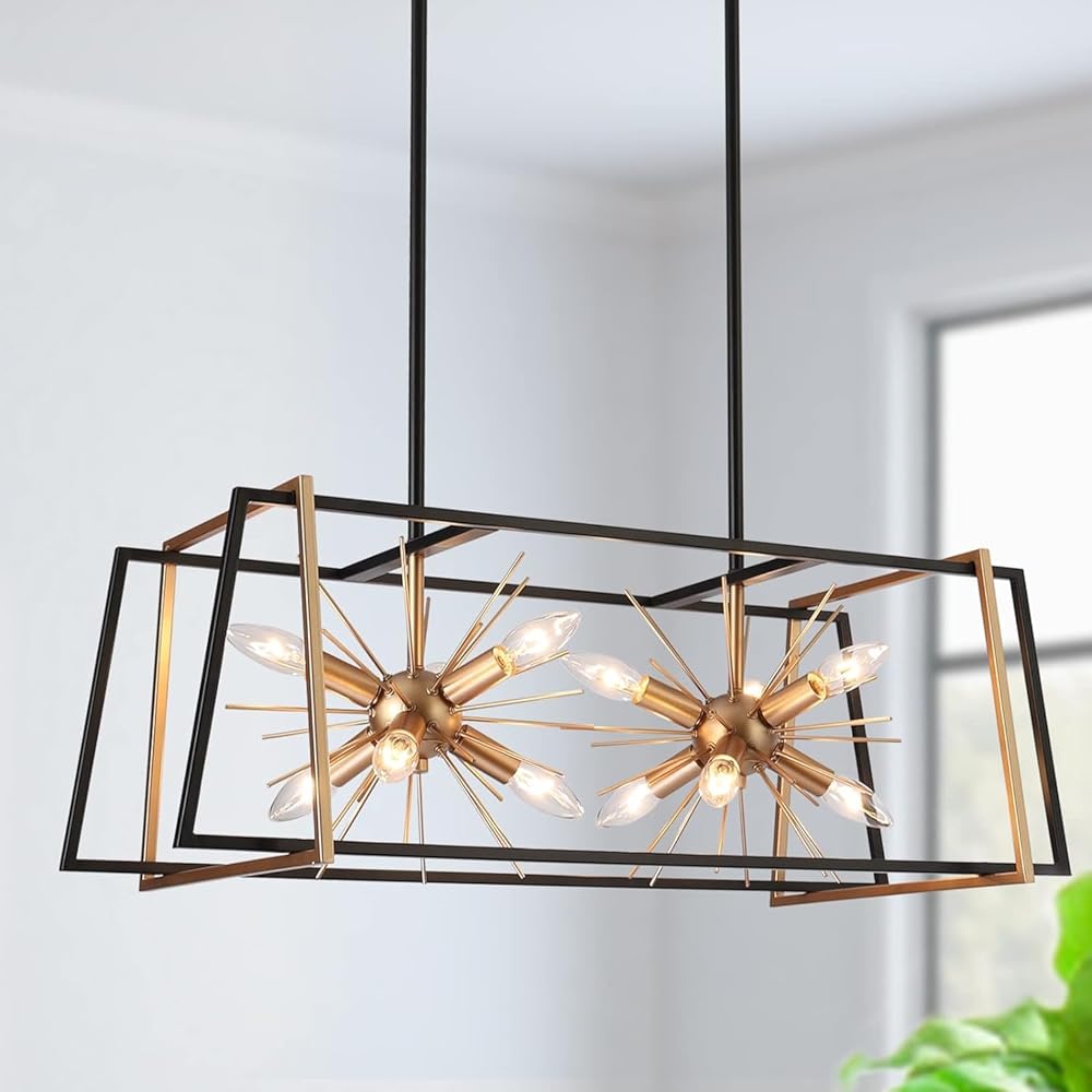 KSANA Linear Chandelier, Chandeliers for Dining Room, 12 Lights Black and Gold Kitchen Island Pendant Light Starburst Hanging Light Fixtures