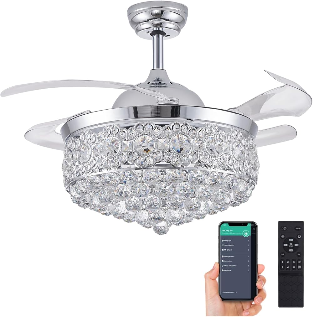48 Inch Dimmable Fandelier Crystal Ceiling Fans with Lights and Remote, Invisible Retractable Blade Chandelier Ceiling Fan for Bedroom Living Room Dining Room-Polished Chrome