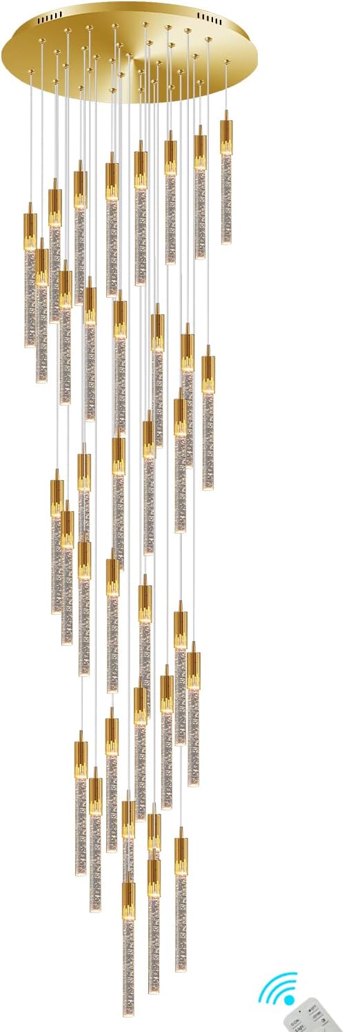 Flashing God 12.5feet Long Staircase Chandeliers Gold Bubble Crystal Bolumn Chandeliers Large Foyer Entrance Chandeliers for High Ceiling Big Crystal Chandelier LED Dimmable 2700K-6000K