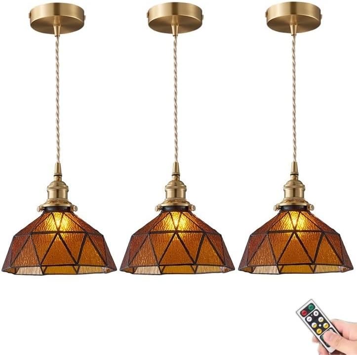 3 Lights Battery Operated Tiffany Pendant Light Fixtures with Remote,Non Hardwired Pendant Lighting Indoor Decor Hanging Lamp Brown Stained Glass Chandelier for Kitchen Island Dining Room Hallway