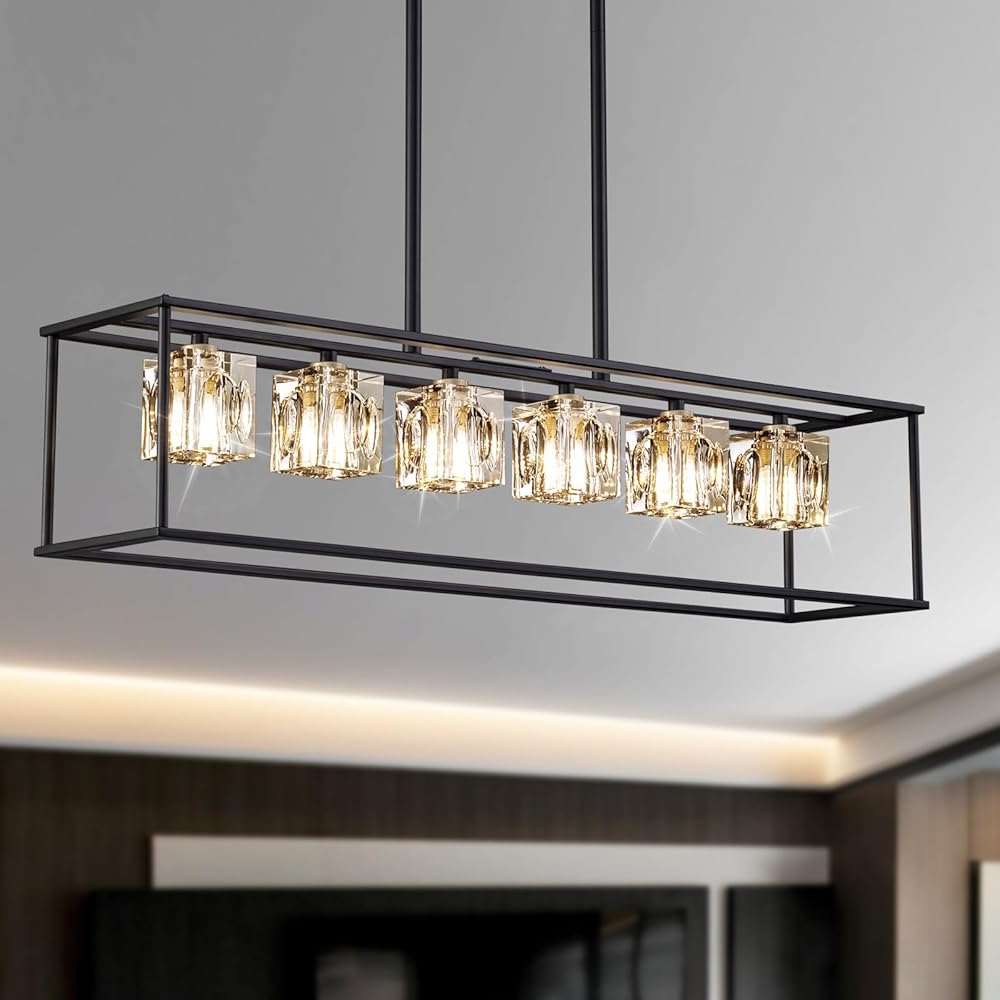 Dining Room Chandelier, Modern Crystal Rectangle Chandeliers light fixture,Black and Gold Islander Light, Height Adjustable 6 Lights Fixtures for Kitchen Island farmhouse,living room Pool Table