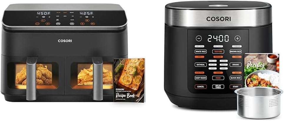 Dual Basket 9 Qt Air Fryer and 10 Cup Rice Cooker with Steamer, Sauté, Slow Cooker