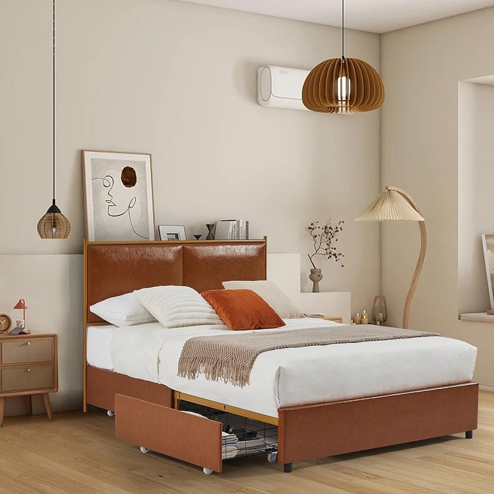Dolonm Upholstered Queen Size Platform Metal Bed Frame with Four Storage Drawers Mattress Foundation with Wooden Slats Support, Coffee Leather Sponge Soft Bag Platform Bed
