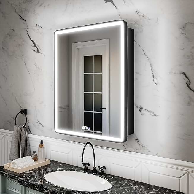 24x30 Lighted Medicine Cabinet with Mirror, Sand Black Frame,3 Colors Temper dimmable,led Medicine Cabinet with Mirror defog,stepless dimming,Surface or Recessed Mount,Door Left Open