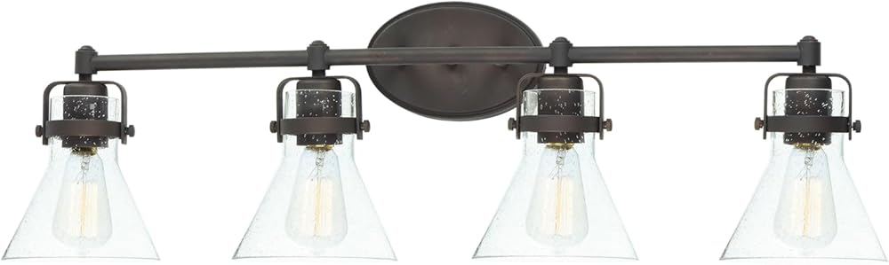 Maxim 26114CDOI I Seafarer Collection 33 Inch Four-Light Bathroom Vanity I in an Oil Rubbed Bronze Finish with Seedy Glass I Modern Contemporary Light Fixture I