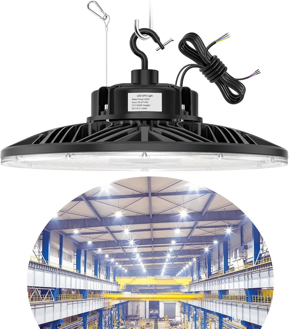 300 Watt UFO Dimmable Waterproof LED Hibay 5000K, Daylight 42000lm UL DLC Listed Commercial Bay Lighting for Workshop Factory, Industrial Outdoor Low Bay Lighting 100-277VAC Input