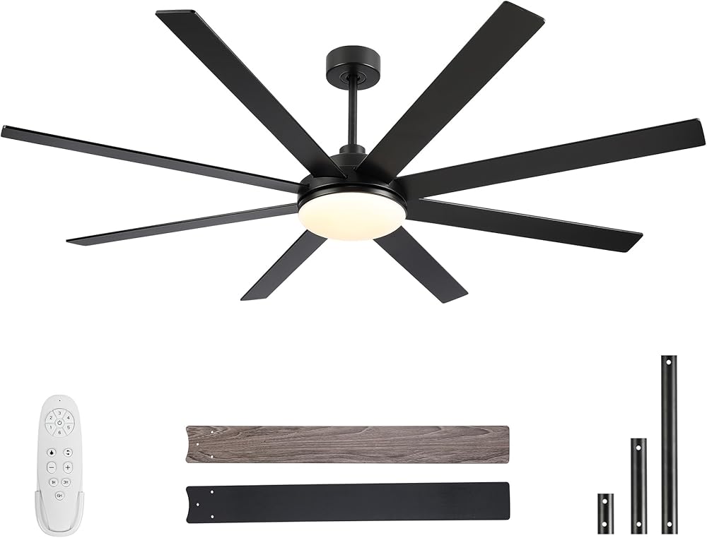 72 Inch Large Ceiling Fans with Lights and Remote, Indoor/Outdoor Modern Black Ceiling Fan for Kitchen Living Room Patio, 6-Speed Reversible, DC Motor, 3 CCT, Timer