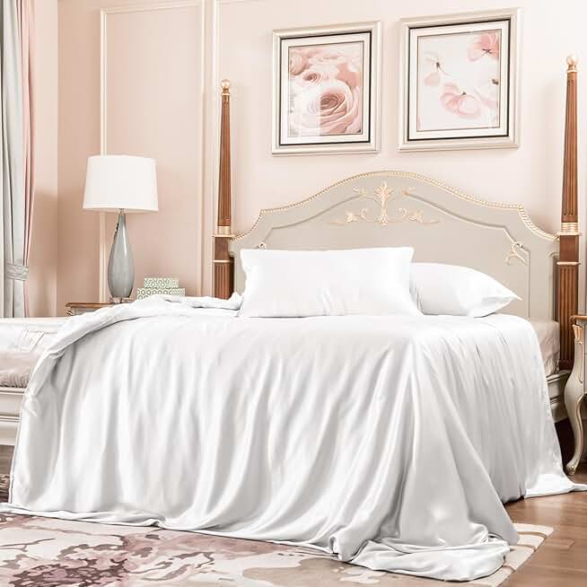 PROMEED 100% Silk Bedding White Duvet Cover Set, 22 Momme Mulberry Silk 3 Piece Bed Set with Full Size Duvet Cover and Pillowcases (White, Full)