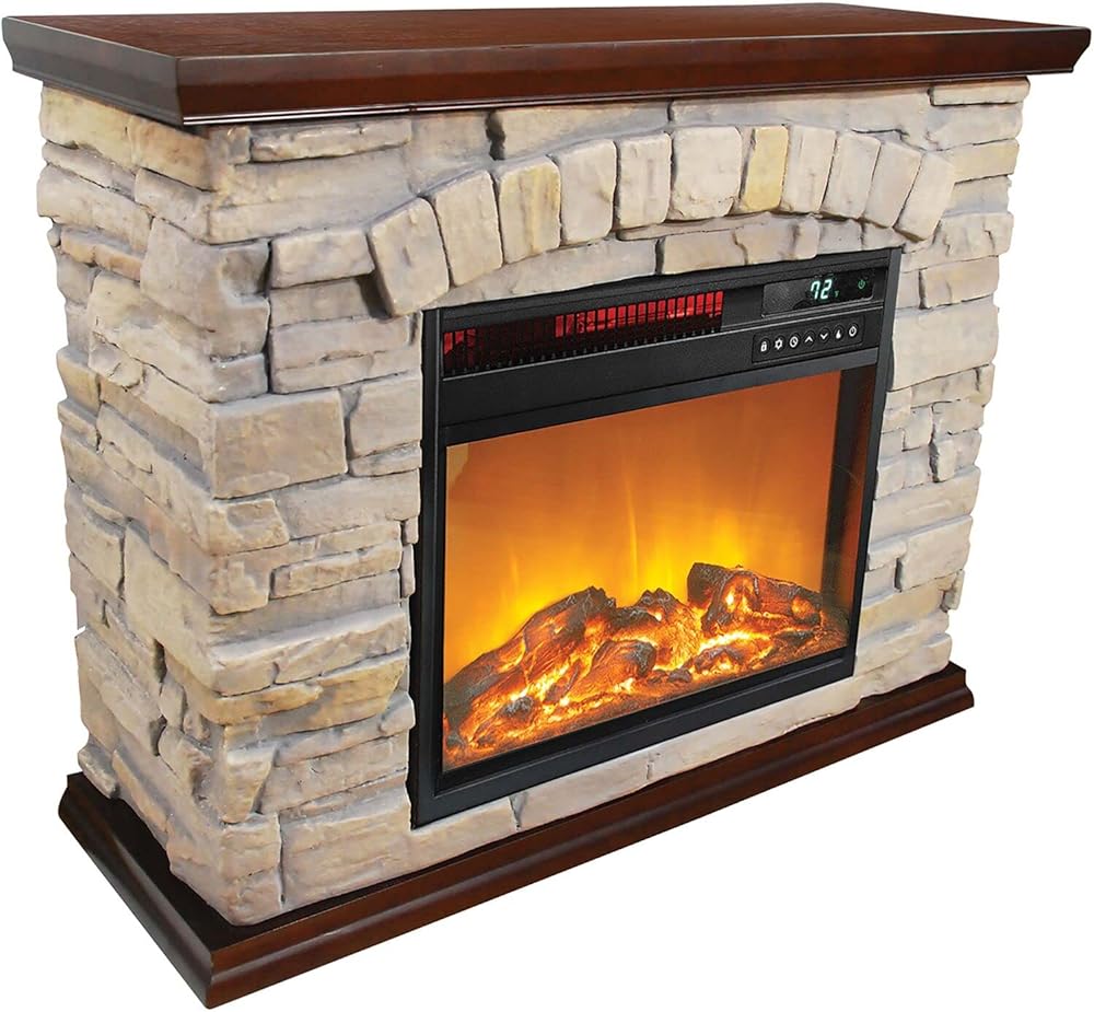 Lifesmart Large Square Infrared Faux Stone Fireplace, Fake Fireplace Heater with Mantel and Adjustable Settings for Living Room, Bedroom