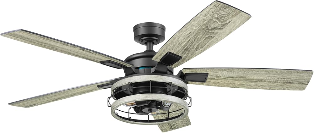 Ceiling Fans Carnegie, 52 Inch Industrial Style Indoor LED Ceiling Fan with Light, Remote Control, Dual Mounting Options, 5 Dual Finish Blades, Reversible Airflow - 51863-01 (Matte Black)