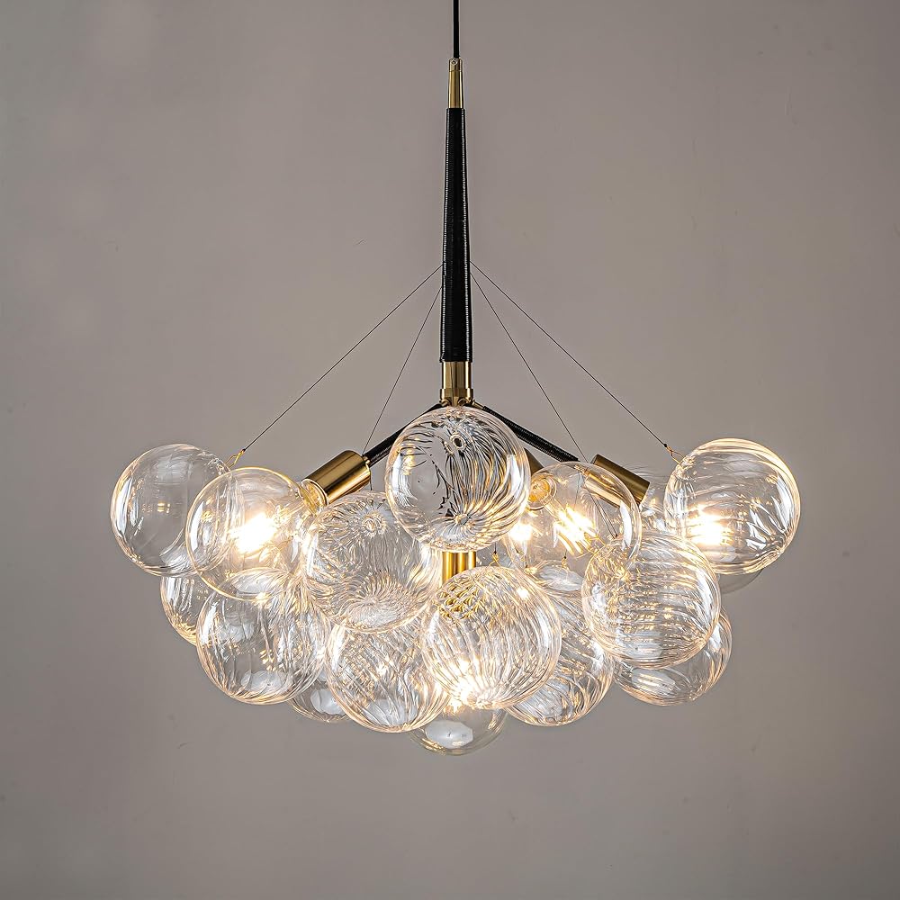 Mid-Century Bubble Ball Chandelier Clear Swirled Blown Glass 6-Light Cluster Globe Pendant Light Dia 24